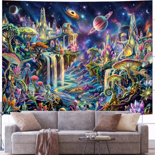 Blacklight Galaxy Space Tapestry UV Mushroom Planet Wall Hanging - Alien, 59.1" x 51.2"