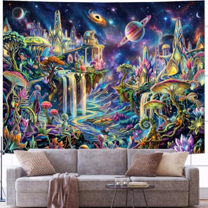Blacklight Galaxy Space Tapestry UV Mushroom Planet Wall Hanging - Alien, 59.1" x 51.2"