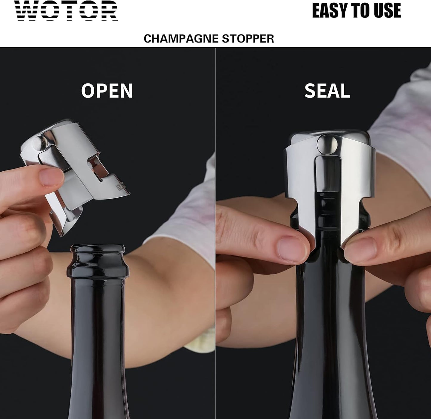 WOTOR Champagne Stoppers with Stainless Steel Champagne Bottle Stopper with Food Grade Silicone Reusable Champagne Cork, Saver Suitable for Champagne, Cava, Prosecco, Sparkling Wine (Silver, 2pack)
