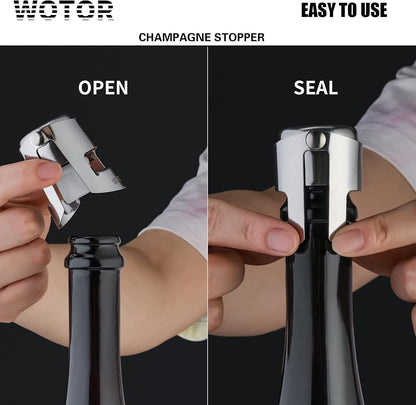 WOTOR Champagne Stoppers with Stainless Steel Champagne Bottle Stopper with Food Grade Silicone Reusable Champagne Cork, Saver Suitable for Champagne, Cava, Prosecco, Sparkling Wine (Silver, 2pack)