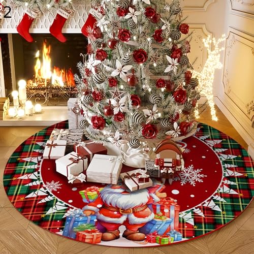 48 Inch Christmas Tree Skirt Green White Snowflake with Santa Red Buffalo Plaid Edge - 48" Plush