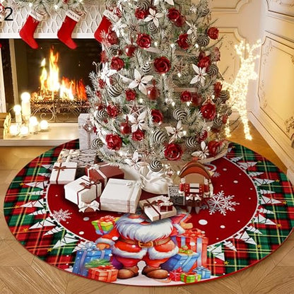 48 Inch Christmas Tree Skirt Green White Snowflake with Santa Red Buffalo Plaid Edge - 48" Plush