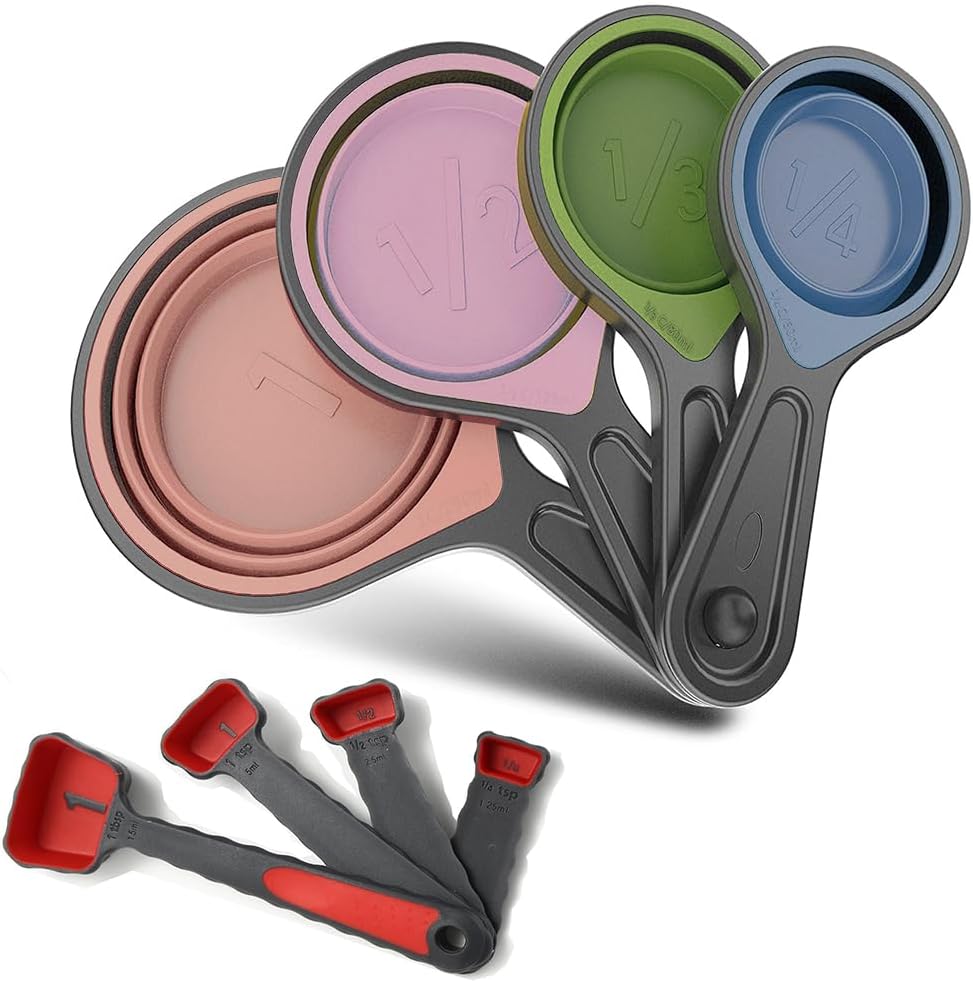Skiennix Collapsible Silicone Measuring Cups & Spoons - 8-Piece Set for Baking & Travel | Pink