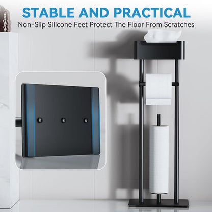 Free Standing Toilet Paper Holder by [Brand Name] - Stylish Bathroom Organizer with Shelf for 4 Rolls - 29.7” x 12.6” (Matte Black)