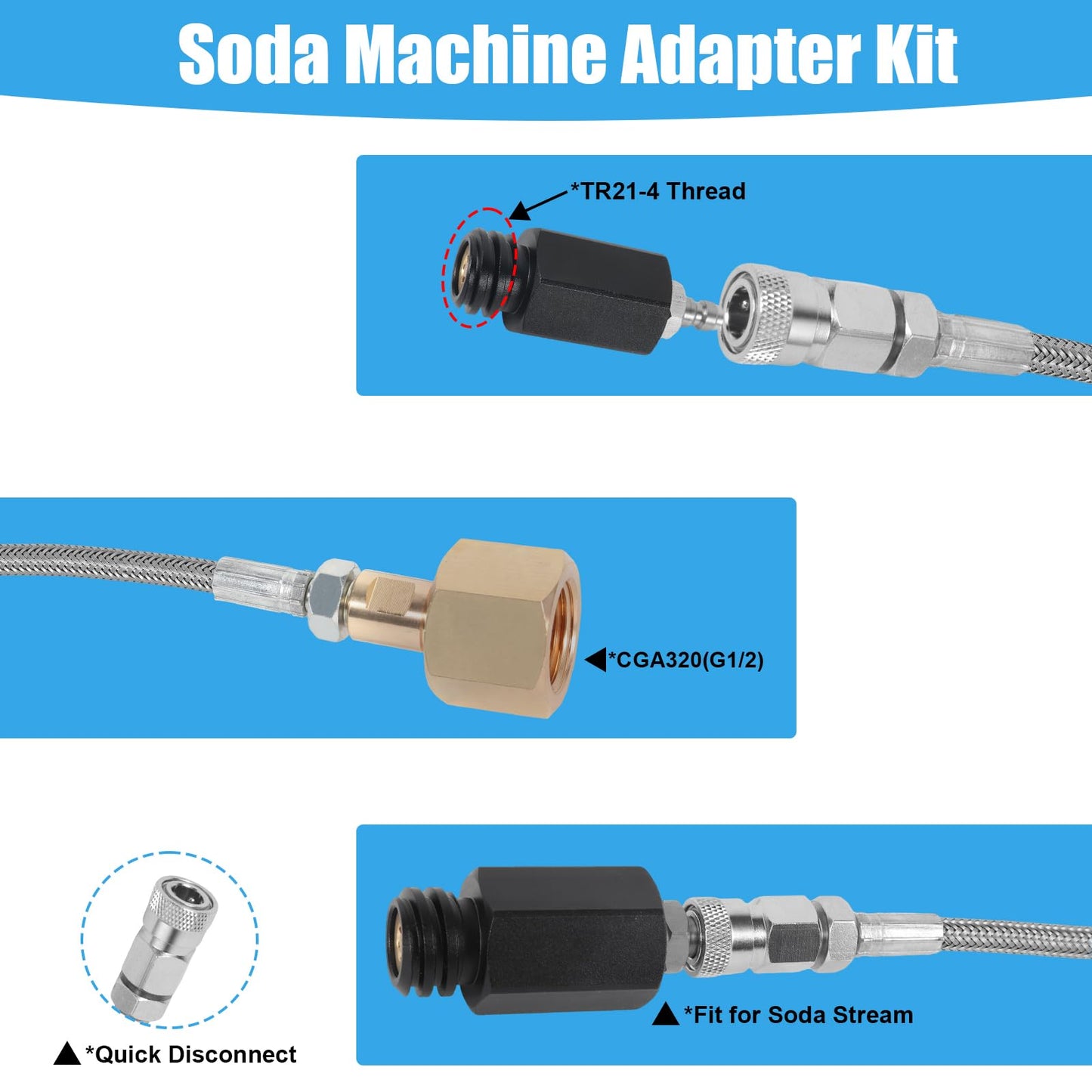 Soda Maker Adapter Soda Maker Connector, CO2 Tank CO2 Cylinder Adapter with Stainless Steel Hose, CGA320 to TR21-4 Carbonated Water Maker for Fizzi One Touch Jet Ninja