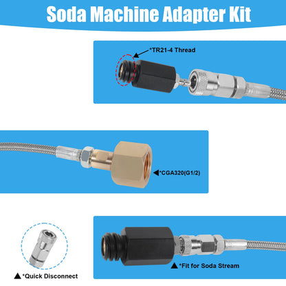 Soda Maker Adapter Soda Maker Connector, CO2 Tank CO2 Cylinder Adapter with Stainless Steel Hose, CGA320 to TR21-4 Carbonated Water Maker for Fizzi One Touch Jet Ninja
