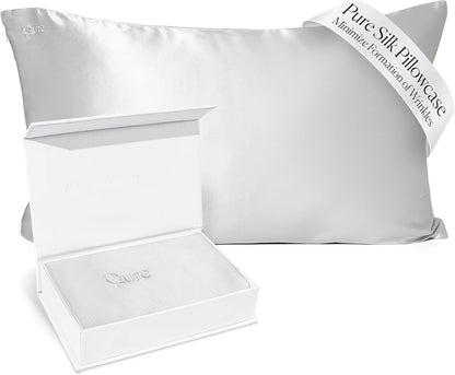 Qure Mulberry Silk Pillowcase - Anti-Acne Cooling Sleep for Hair & Skin | Standard Size, Hidden Zipper
