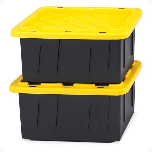 HOMZ Heavy Duty Plastic Storage Bins - 15 Gallon Stackable Containers with Lids | Black/Yellow 2-Pack