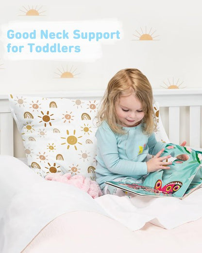 Babebay Toddler Pillow - 13x18 Machine Washable Kids Pillow with Pillowcase | Perfect for Travel & Sleep (Sunshine Rainbow)