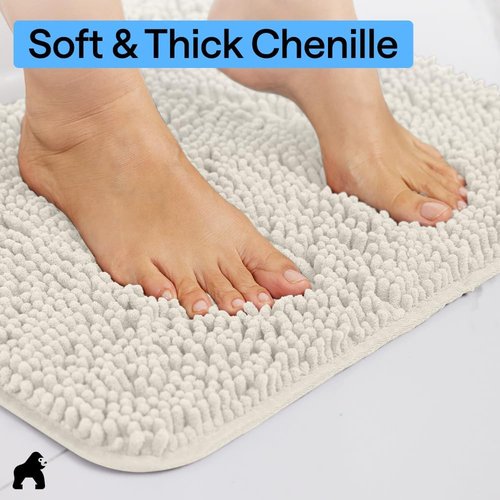 GORILLA GRIP Bath Rug Mat - Soft Absorbent Chenille | Quick-Dry Microfiber, 48x17, Ivory