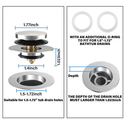 Uxoz Bathtub Drain Stopper, Tub Stopper/Bathtub Plug for Tip Toe/Trip Lever/Lift&Turn Tub Drains, Bath Tub Drain Stoppers Designed for 1.5"-1.72" Drain Hole w/3 O-Rings,Chrome Plated