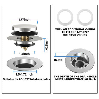 Uxoz Bathtub Drain Stopper, Tub Stopper/Bathtub Plug for Tip Toe/Trip Lever/Lift&Turn Tub Drains, Bath Tub Drain Stoppers Designed for 1.5"-1.72" Drain Hole w/3 O-Rings,Chrome Plated