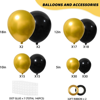 RUBFAC Black and Gold Balloons - 129-Piece Latex Garland Kit for Weddings, Graduations & Birthdays