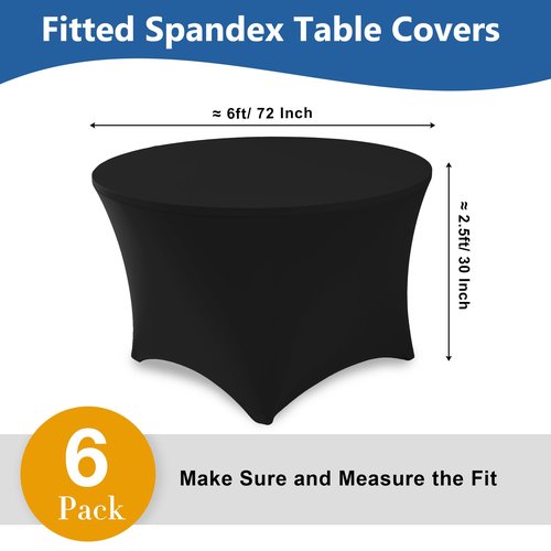 Enjoyidea Fitted Table Cloth Round Cover 6ft-Spandex Elastic Table Covers 6 Pack 72 Inch-Black Small Stretch Folding Tablecloth for Weddings Banquets Restaurant Event Parties Vendor Stand Tables