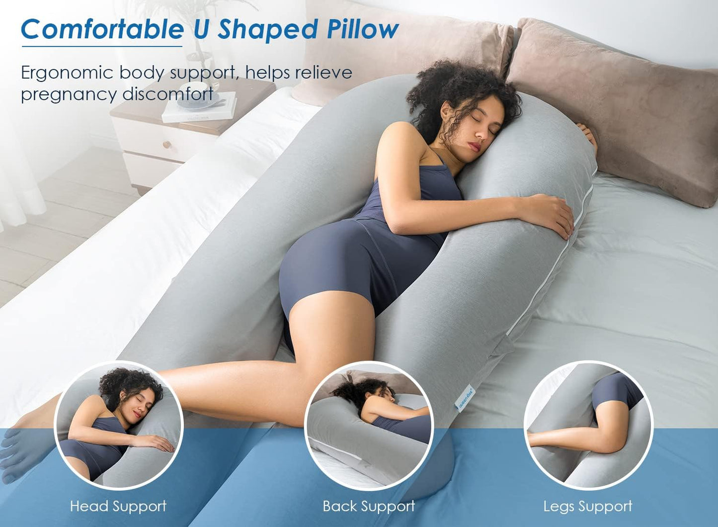 Queen Rose Extra Long U-Shaped Body Pillow - Cooling Maternity Support Pillow, 65 Inch, Grey
