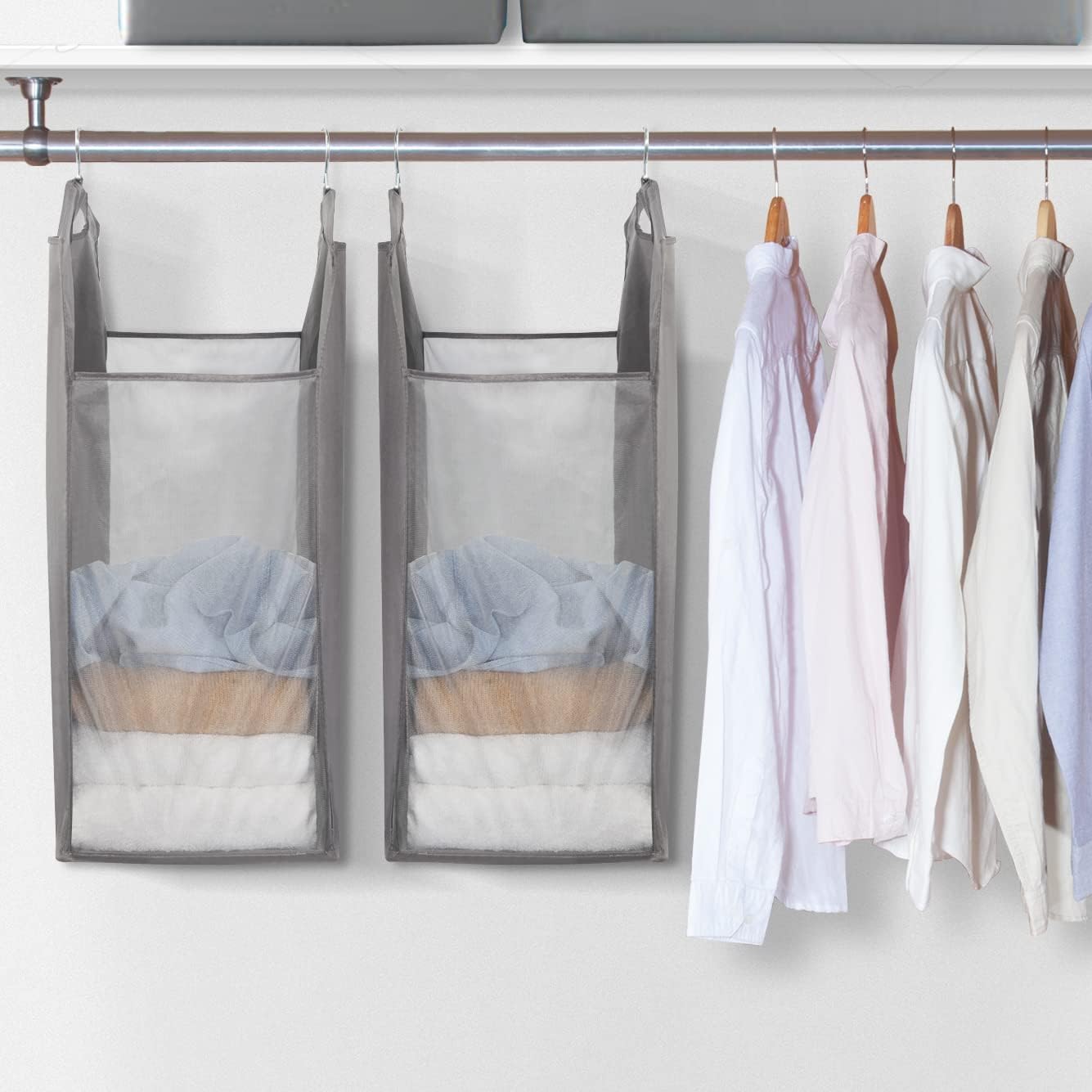 Storage Maniac 2-Pack Hanging Laundry Hamper - Slim Double Organizer with See-Through Mesh Bag | Grey