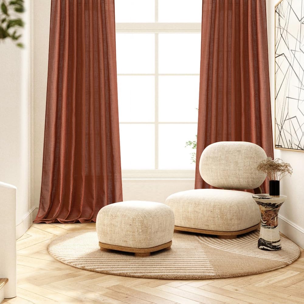 MIULEE Linen Curtains - 96-Inch Light Filtering Semi-Sheer Drapes | Burnt Orange Rust, 2 Panels for Living Room