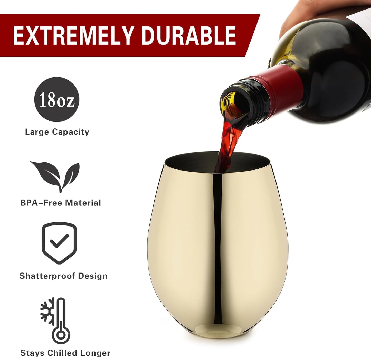 WOTOR Gold Wine Glasses Set of 4, 18oz Unbreakable Gold Goblet, Stemless Stainless Steel Wine Glass, Metal Wine Glass for Outdoor, Travel, Camping, Pool, Ideal Gift for Wine Lovers