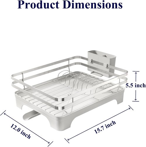 Kitsure Dish Drying Rack - Multi-Functional Kitchen Counter Rack with Cutlery Holder | Rust-Proof, 15.7" x 12" x 5.5", Silver Grey