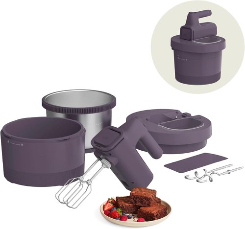 Bella 3.5 Qt Electric Hand & Stand Mixer - 2-in-1 with Bowl, Dough Hook & Whisk, 200 Watt, Plum