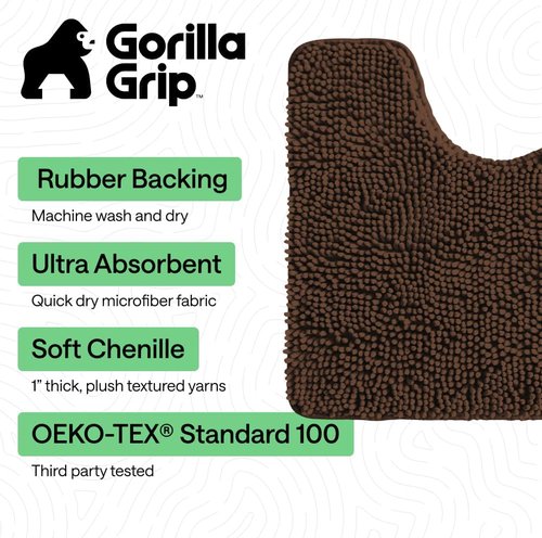 Gorilla Grip Plush Chenille Bath Rug Mat - Soft Microfiber for Oval Toilet Base | Machine Washable, Brown