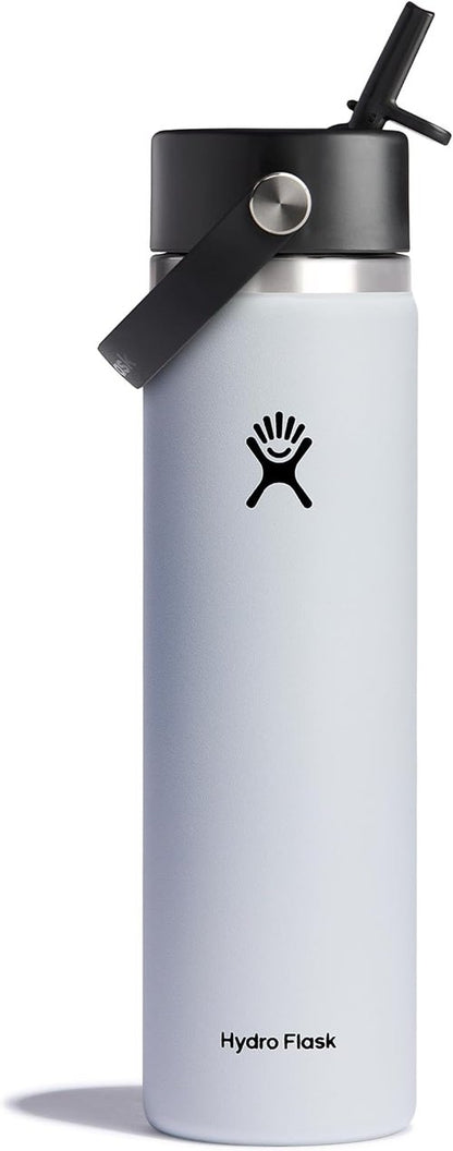 Hydro Flask Water Bottle - Insulated Stainless Steel - Leakproof Wide Straw Lid | 24 Oz White