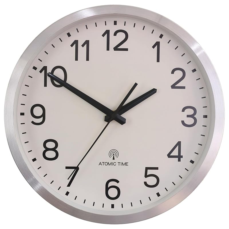 Atomic 12-Inch Wall Clock with Silver Aluminum Frame – Radio Controlled