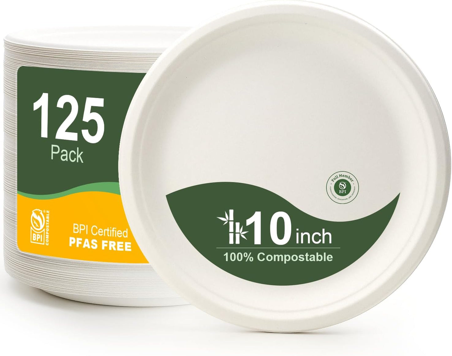 WELLIFE 10-Inch Compostable Paper Plates - 125-Pack Heavy-Duty, Eco-Friendly & Microwaveable | BPI Certified
