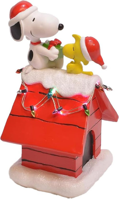 Mark Feldstein Peanuts Snoopy's Dog House Figurine - LED Christmas Lights | 7.5 Inch Red Decor
