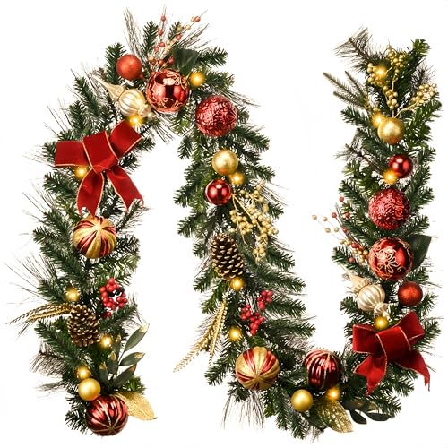 Red 9 Feet Pre-Lit Christmas Garland with Red Gold Balls & Bow - Valery Madelyn