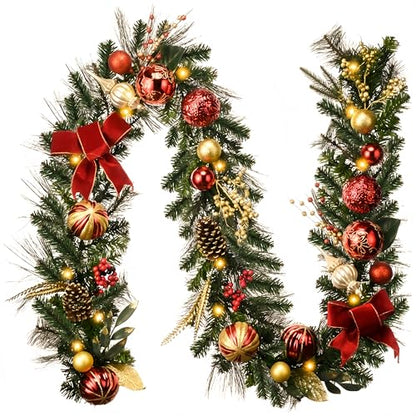 Red 9 Feet Pre-Lit Christmas Garland with Red Gold Balls & Bow - Valery Madelyn