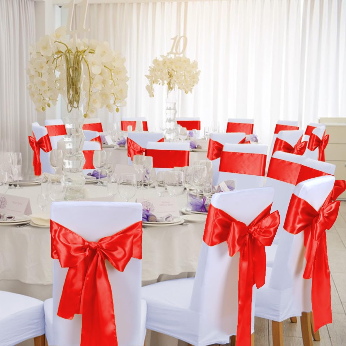 Babenest Satin Chair Sashes - Upgraded 50 Pcs Chair Ribbons & Bows for Weddings & Events | Red