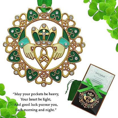 Irish Christmas Ornament - Gold Claddagh with Emerald Jewels & Enamel - Irish Heritage Gift - Variation 1
