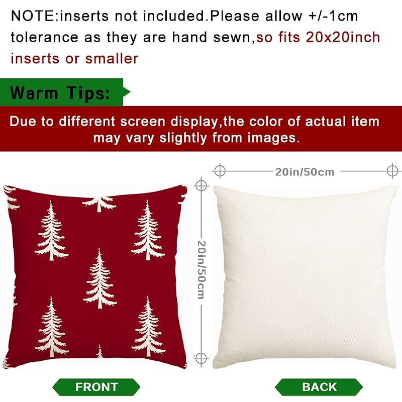 Christmas Pillow Covers 20x20, Red, Pack of 2 - 100% Polyester, Front Pattern