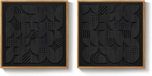 Framed 3D Black Abstract Wood Wall Art - Set of 2 Modern Geometric Paintings | Minimalist Decor for Living Room, Bedroom, Office - 24x24 Inch