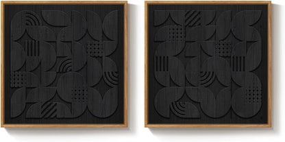 Framed 3D Black Abstract Wood Wall Art - Set of 2 Modern Geometric Paintings | Minimalist Decor for Living Room, Bedroom, Office - 24x24 Inch