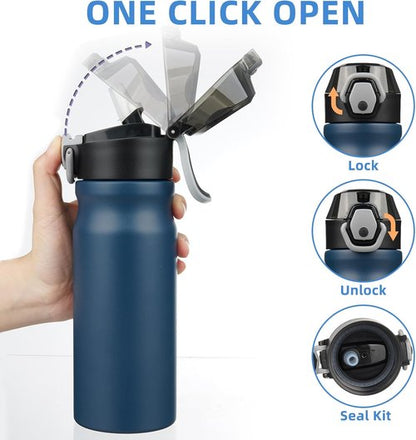 BJPKPK Insulated Water Bottle - 18oz Stainless Steel Thermal Flask with Straw & Carry Handle | Navy Blue