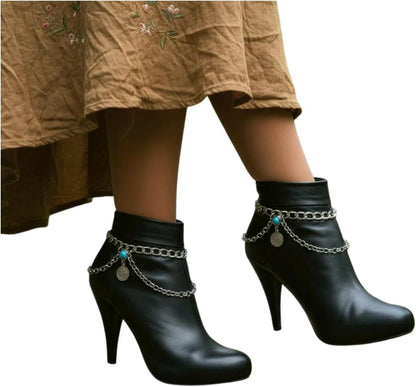 Skiennix Women's Silver Boot Chain Anklet Set - Ethnic Coin & Turquoise Beads, Adjustable 11-15 in