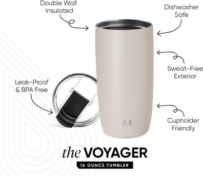 Simple Modern Voyager Tumbler - Insulated Stainless Steel Travel Mug with Flip Lid | 16oz Almond Birch