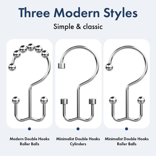 Bathway Shower Curtain Hooks Chrome Shower Curtain Rings, 12 Pcs Metal Double Hooks Rings Rust Proof for Bathroom Shower Curtain Rod