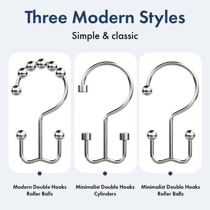 Bathway Shower Curtain Hooks Chrome Shower Curtain Rings, 12 Pcs Metal Double Hooks Rings Rust Proof for Bathroom Shower Curtain Rod