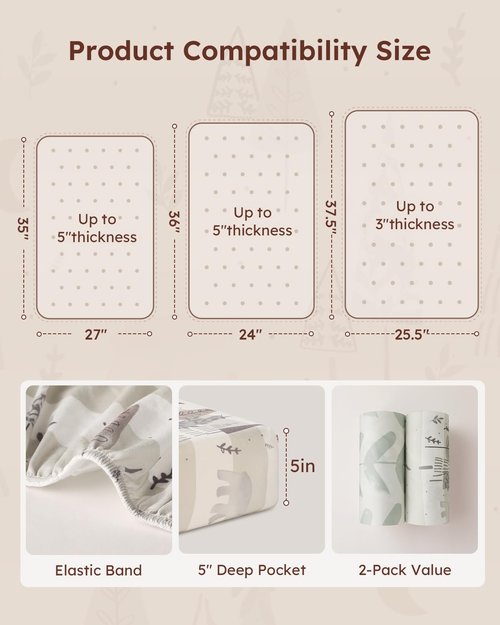 Yoofoss Baby Pack and Play Sheets 2 Pack for Boys and Girls - 38x26 Mini Crib Sheets Fitted Neutral Compatible with Graco Pack n Play Mattress,Ultra Soft Breathable Microfiber Forest Bear