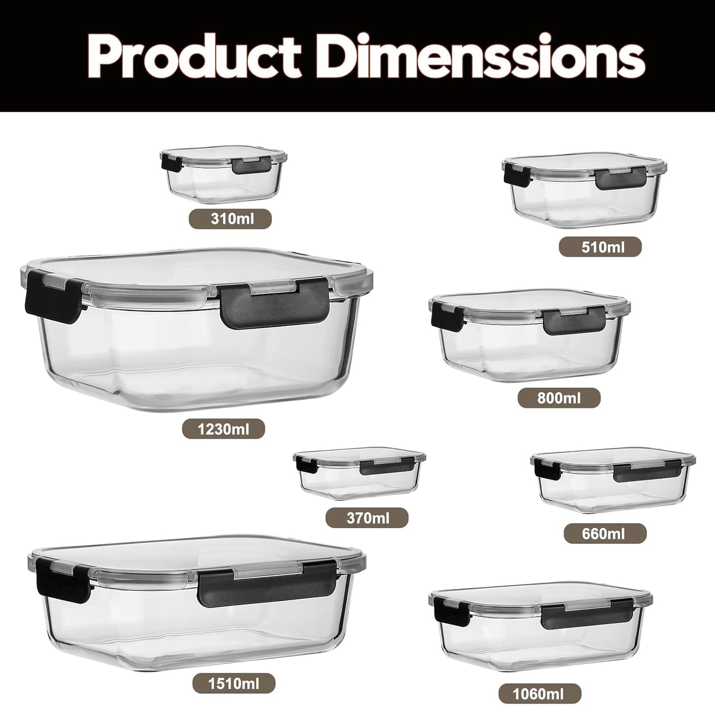 Regine Switzerland Glass Meal Prep Containers - Extra Thick Airtight Food Storage Set | 8 Pack (310ml-1510ml)