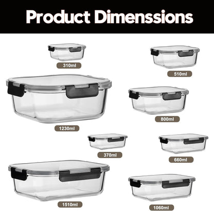 Regine Switzerland Glass Meal Prep Containers - Extra Thick Airtight Food Storage Set | 8 Pack (310ml-1510ml)