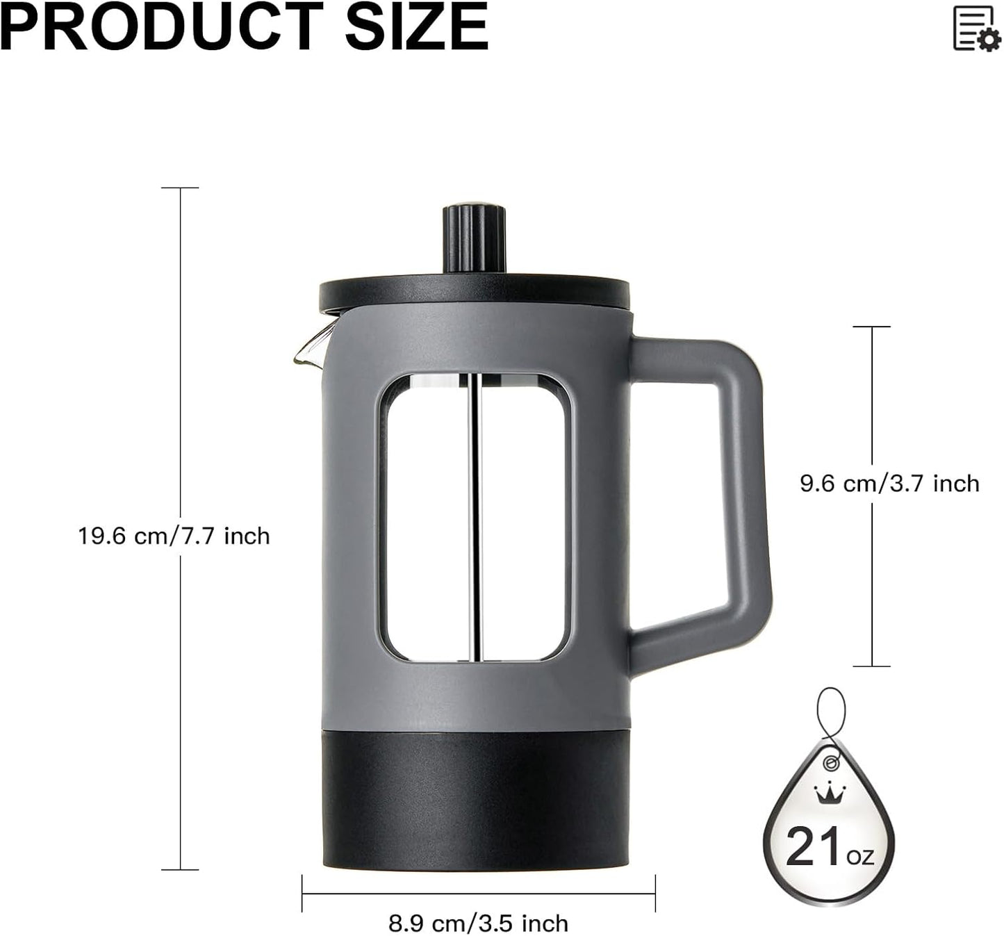 YOLIFE French Press Coffee Maker - 21 oz Portable Tea & Coffee Press with Heat-Resistant Glass | Grey & Black