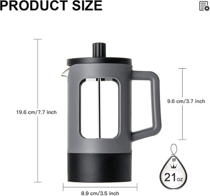 YOLIFE French Press Coffee Maker - 21 oz Heat-Resistant Borosilicate Glass | Portable Grey & Black Design
