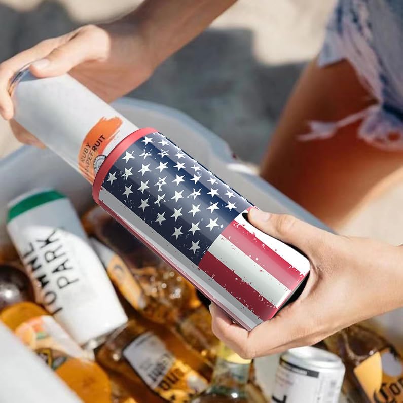TILUCK Slim Can Cooler - Insulated Stainless Steel for Beer & Hard Seltzer | 12 oz U.S. Flag Design