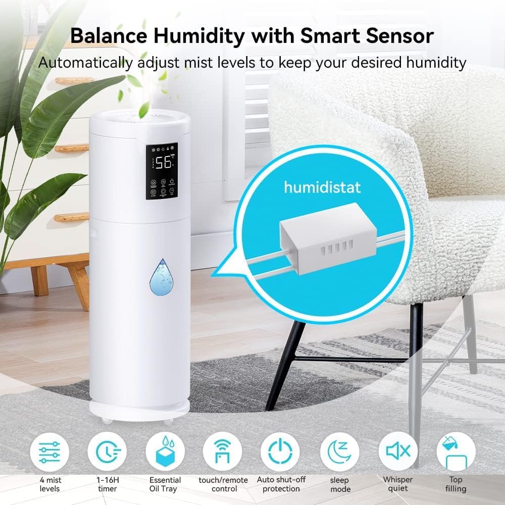 Skiennix Large Humidifier - 17L/4.5Gal Top Fill Design with 360° Nozzle for Homes & Offices