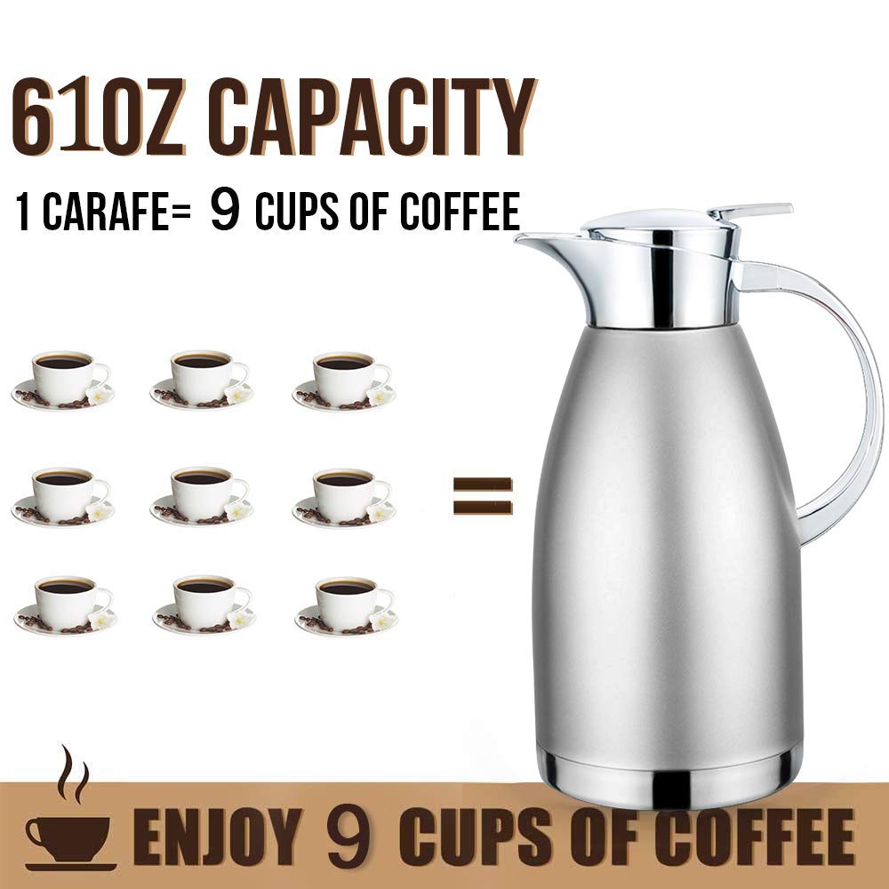 61oz Coffee Carafe Airpot Insulated Coffee Thermos Urn Stainless Steel Vacuum Thermal Pot Flask for Coffee, Hot Water, Tea, Hot Beverage - Keep 12 Hours Hot, 24 Hours Cold (Silver) …