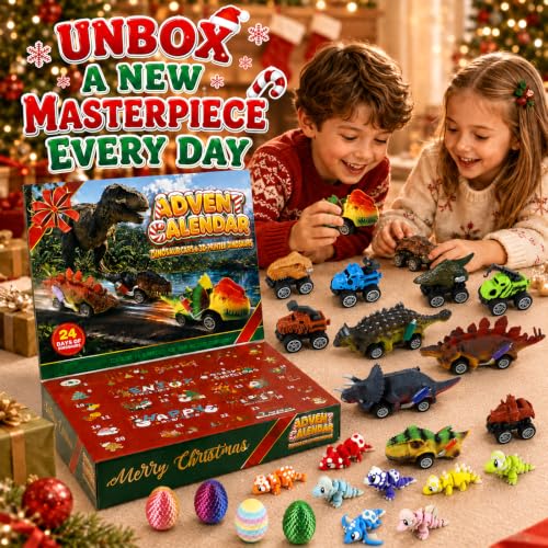 Christmas Dinosaur Advent Calendar with Pull-Back Dino Cars for Kids, 24 Surprises